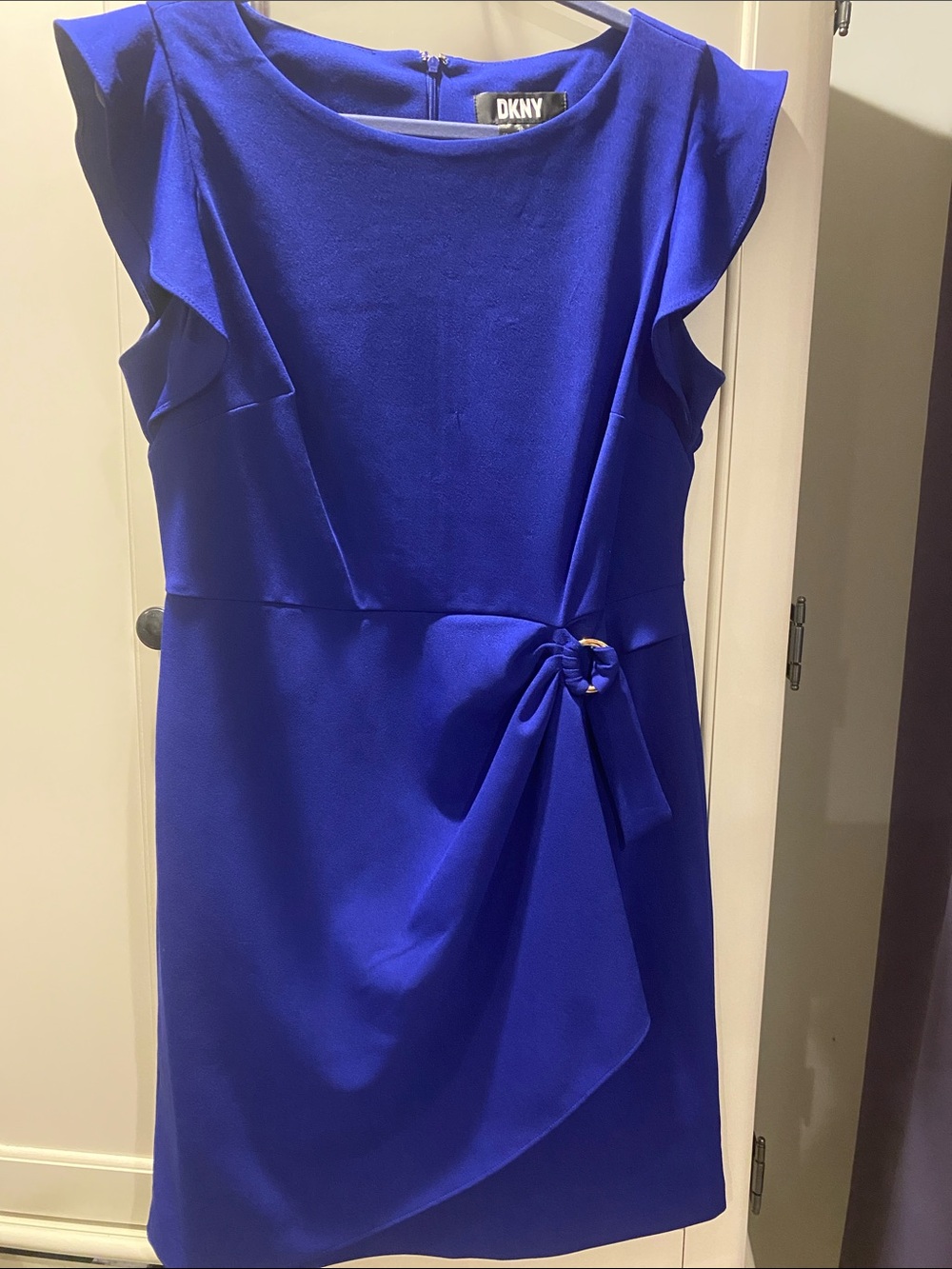 DKNY Cobalt Blue Sleeveless Midi Sheath Dress with Side Knot Detail